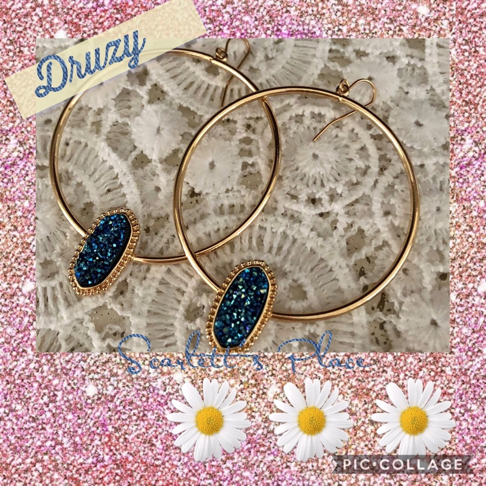 Gold Colored Hoop Hook Earring w/Blue Druzy Accent
